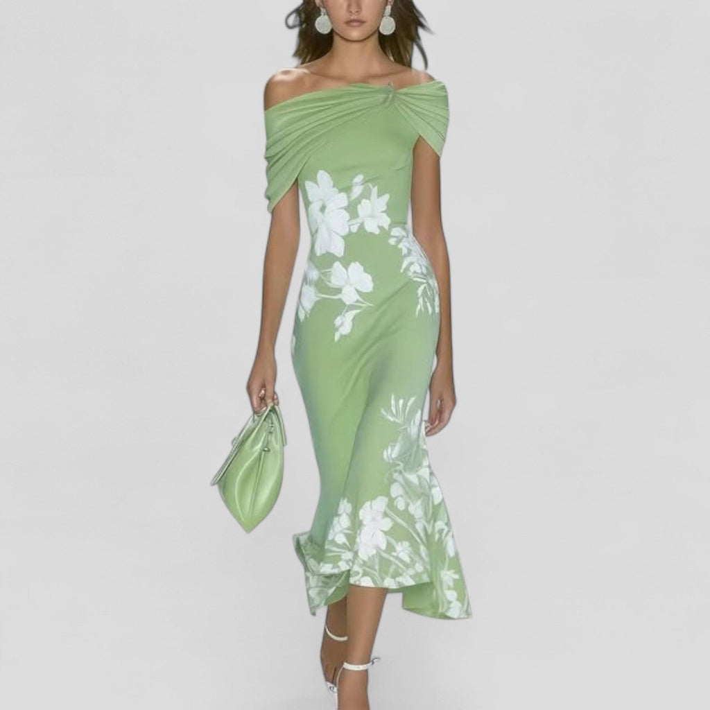 Blommig off-shoulder midiklänning för kvinnor, rynkad Bardot-fodralklänning, sommarklänning för bröllopsgäster