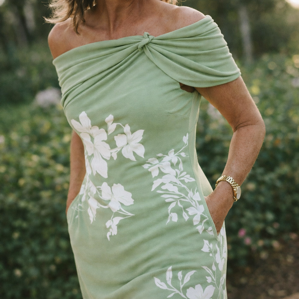 Blommig off-shoulder midiklänning för kvinnor, rynkad Bardot-fodralklänning, sommarklänning för bröllopsgäster