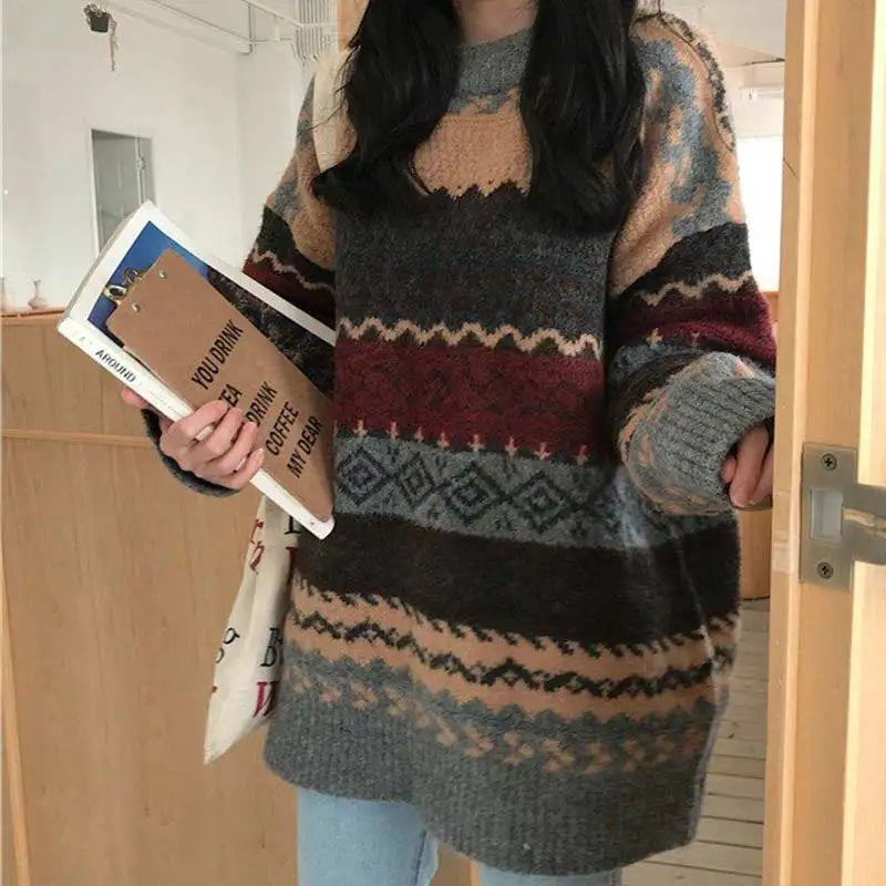 Oversized Jacquardstrik Med Rund Hals
