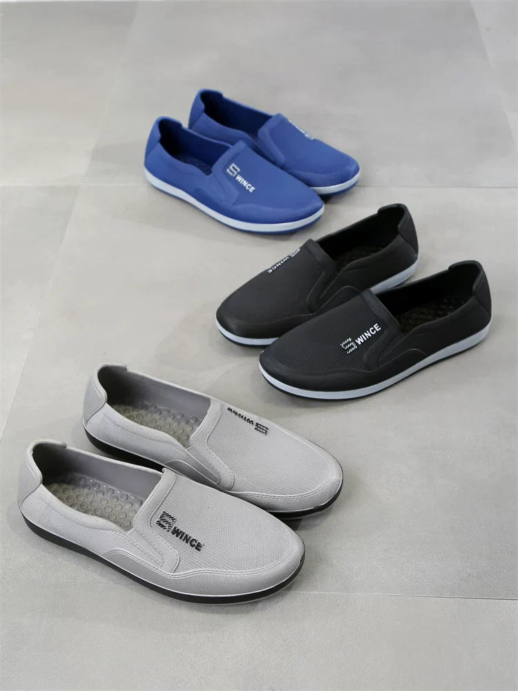 Oversigt over alle tre farver: blå, sort og grå slip-on sneakers — Nordleva