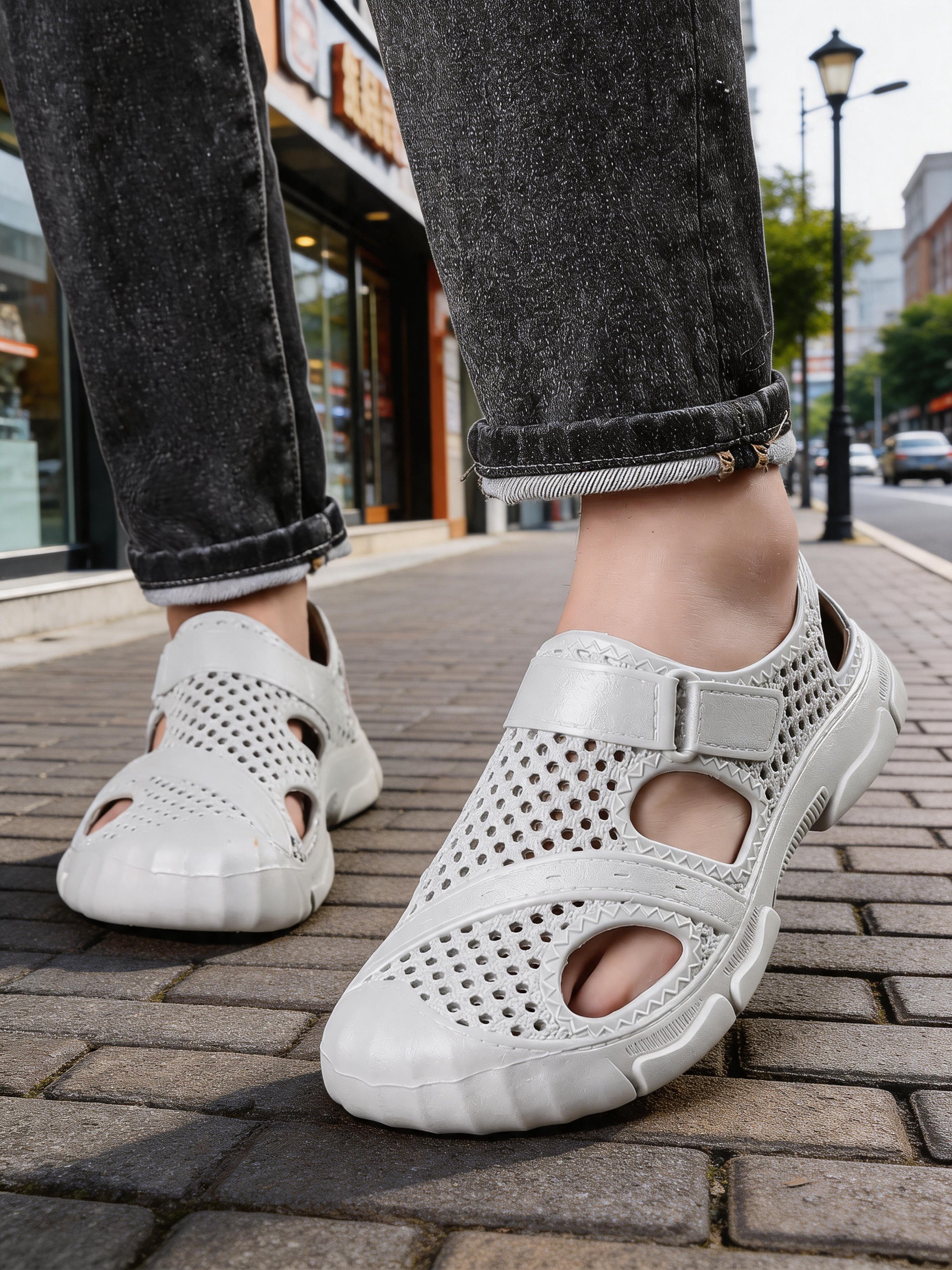 Hvid Clogs Med Ventilation Og Velcro-Rem Detaljefoto — Nordleva