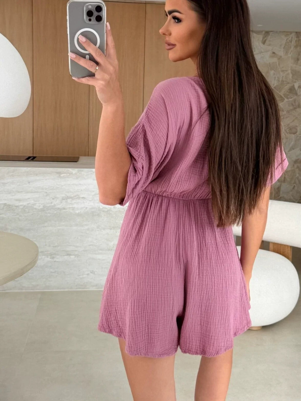 Rosa Kort Playsuit Set Bagfra Med Elastisk Talje — Nordleva