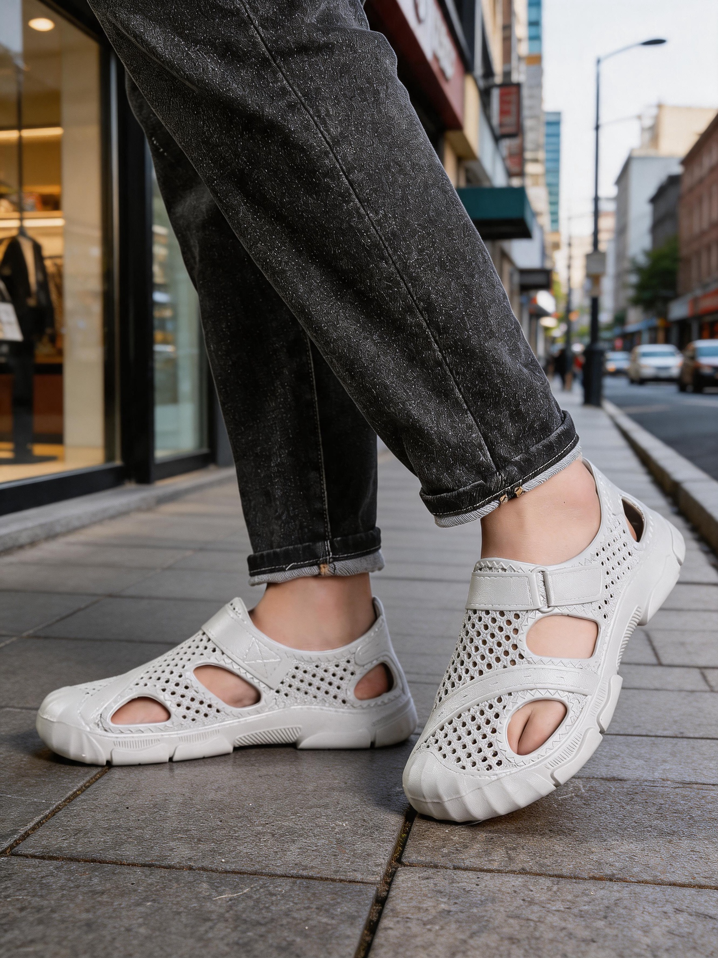 Hvid Clogs Med Ventilationshuller Gadefoto — Nordleva