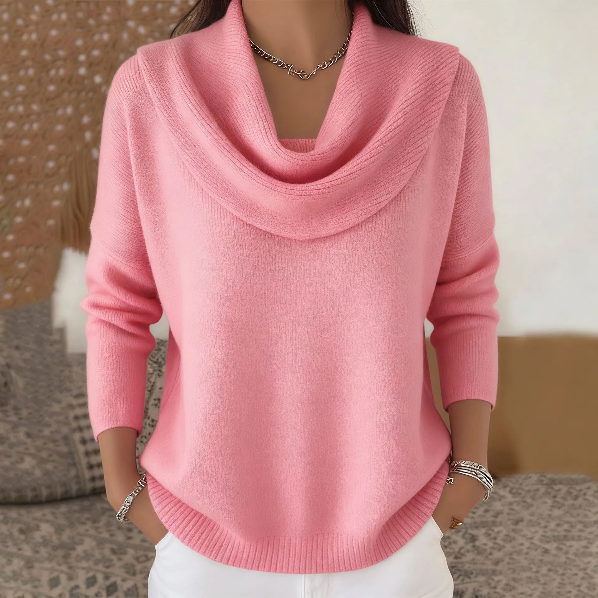 Finstrikket Pullover Med Draperet Krave