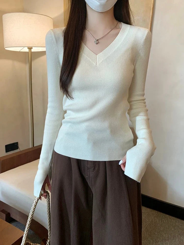 Finribbet V-Hals Pullover