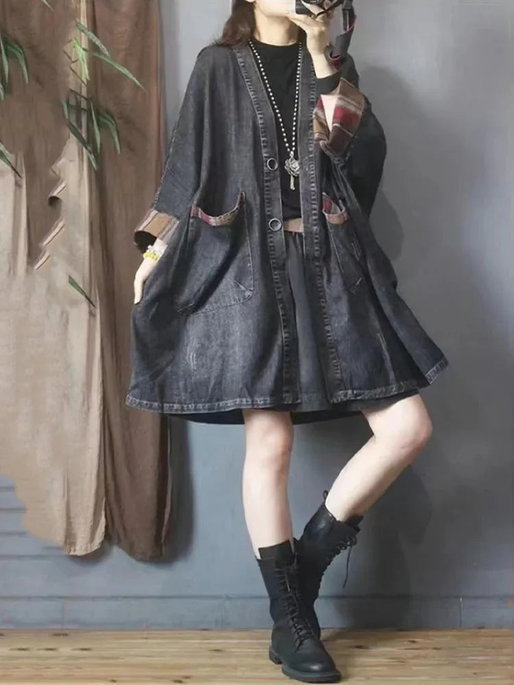 Oversized Denimfrakke Med Ternede Kanter