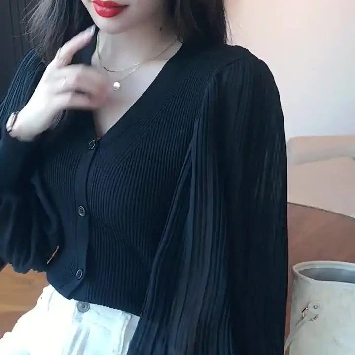 Ribstrikket Cardigan Med Transparente Ærmer