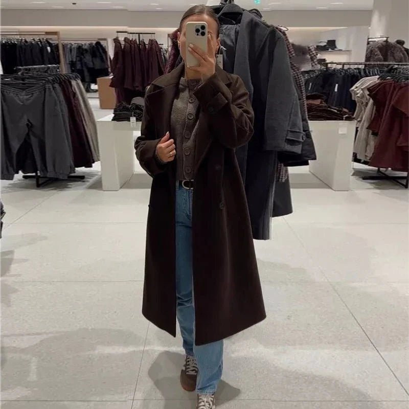 Oversized Lang Frakke med Dobbeltradet Lukning