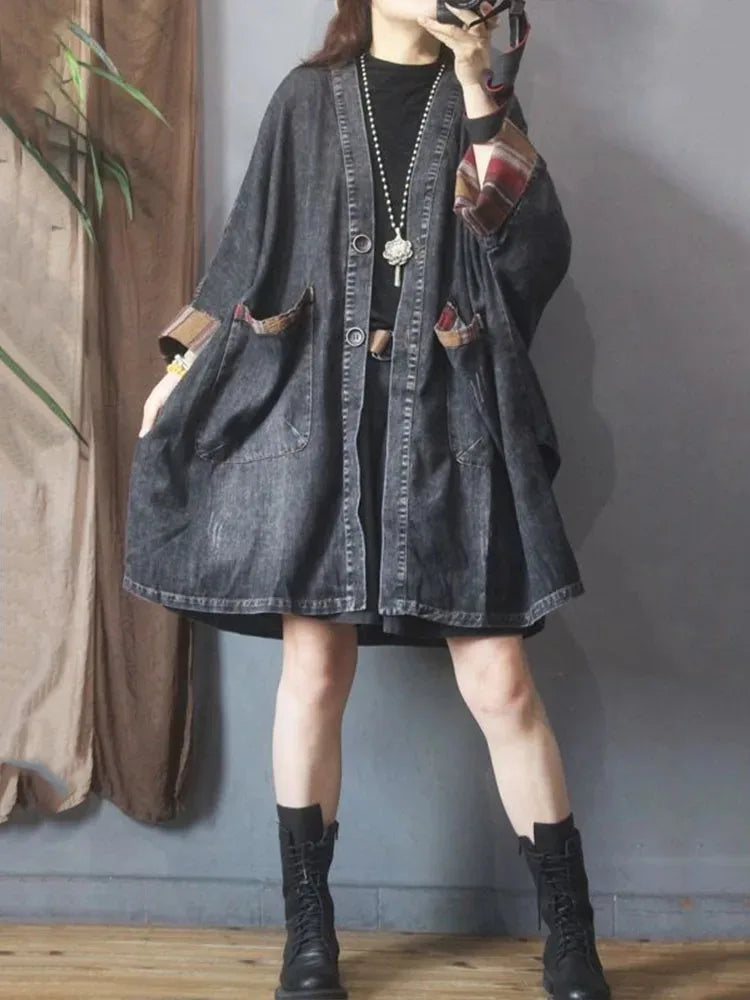 Oversized Denimfrakke Med Ternede Kanter
