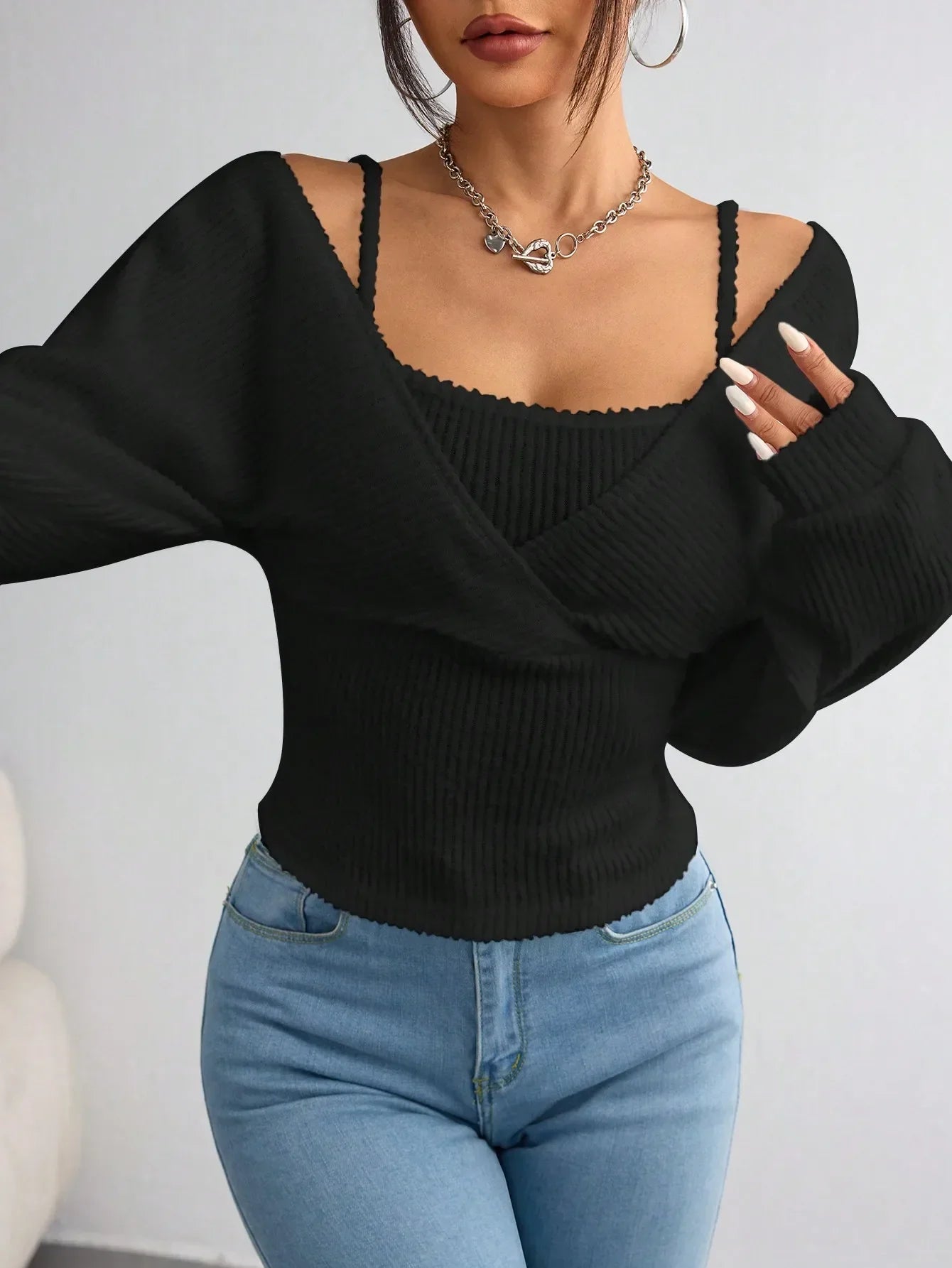 Ribstrikket Off-Shoulder Slå-Om-Top