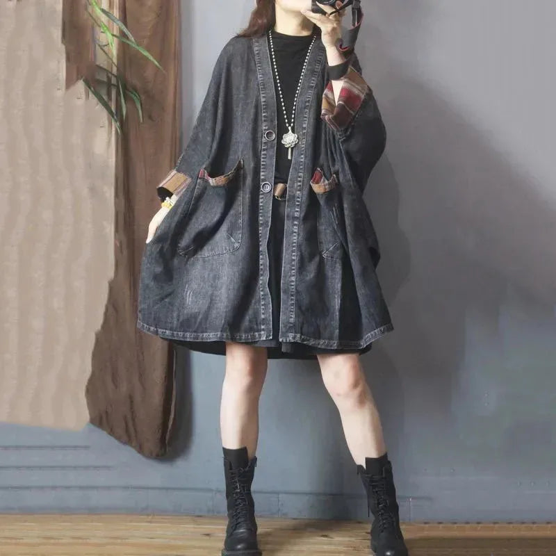 Oversized Denimfrakke Med Ternede Kanter