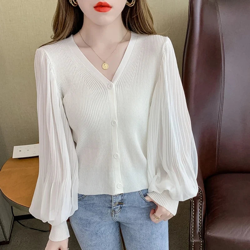 Ribstrikket Cardigan Med Transparente Ærmer