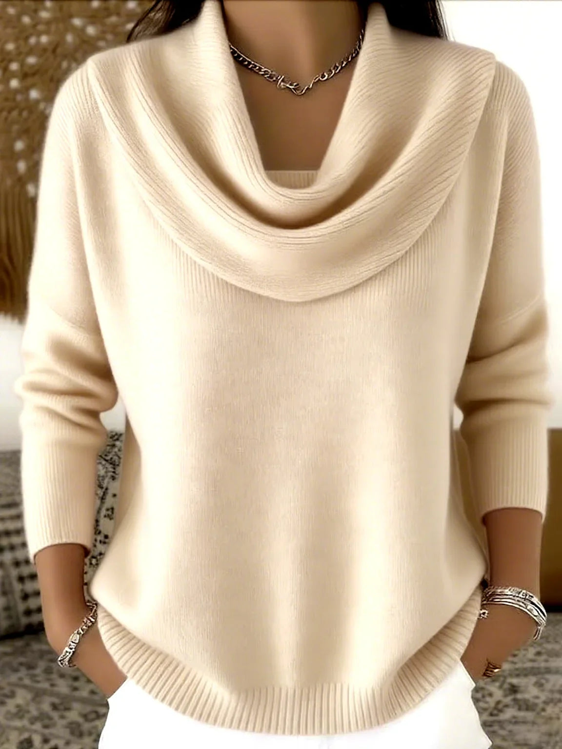 Finstrikket Pullover Med Draperet Krave