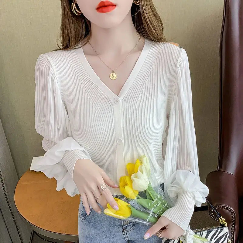 Ribstrikket Cardigan Med Transparente Ærmer