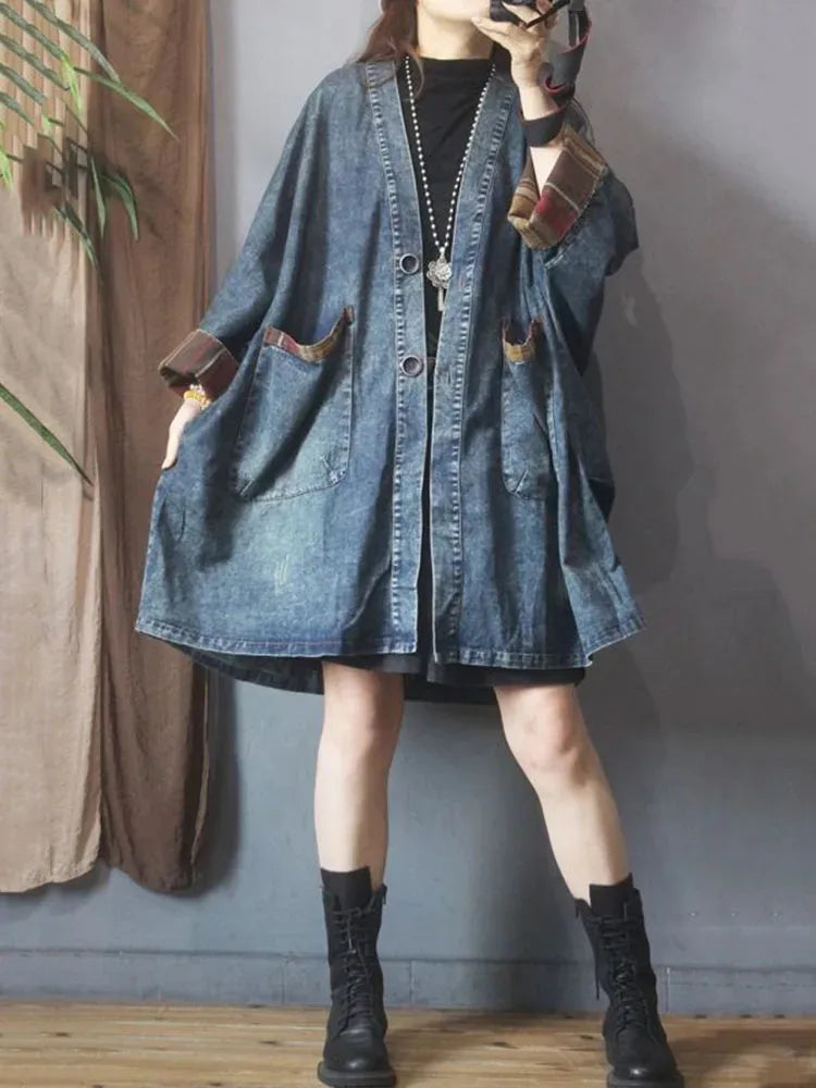 Oversized Denimfrakke Med Ternede Kanter