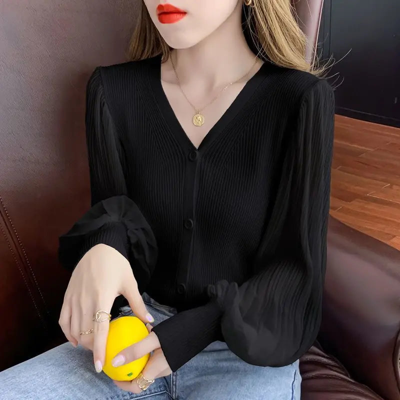Ribstrikket Cardigan Med Transparente Ærmer