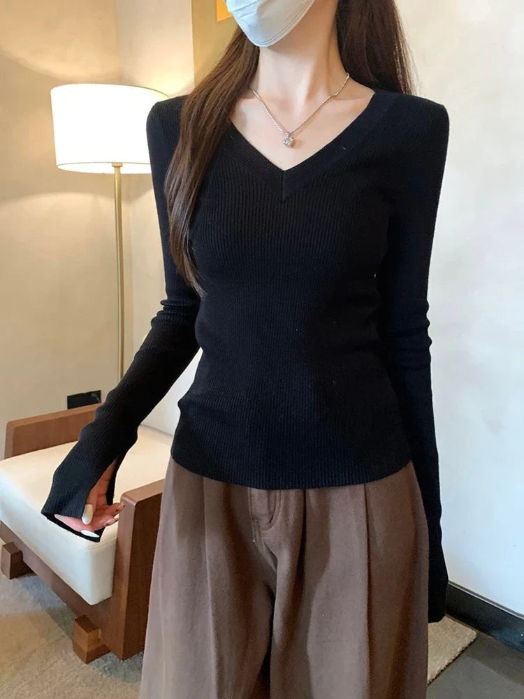 Finribbet V-Hals Pullover