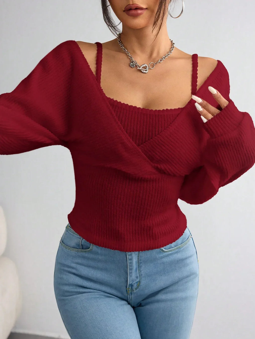 Ribstrikket Off-Shoulder Slå-Om-Top