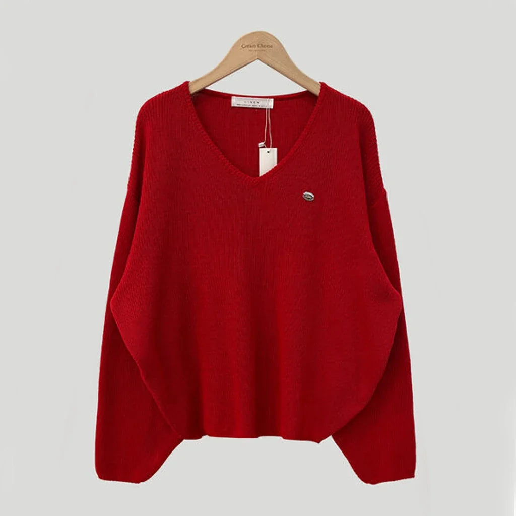 Afslappet Strikbluse Med V-Hals