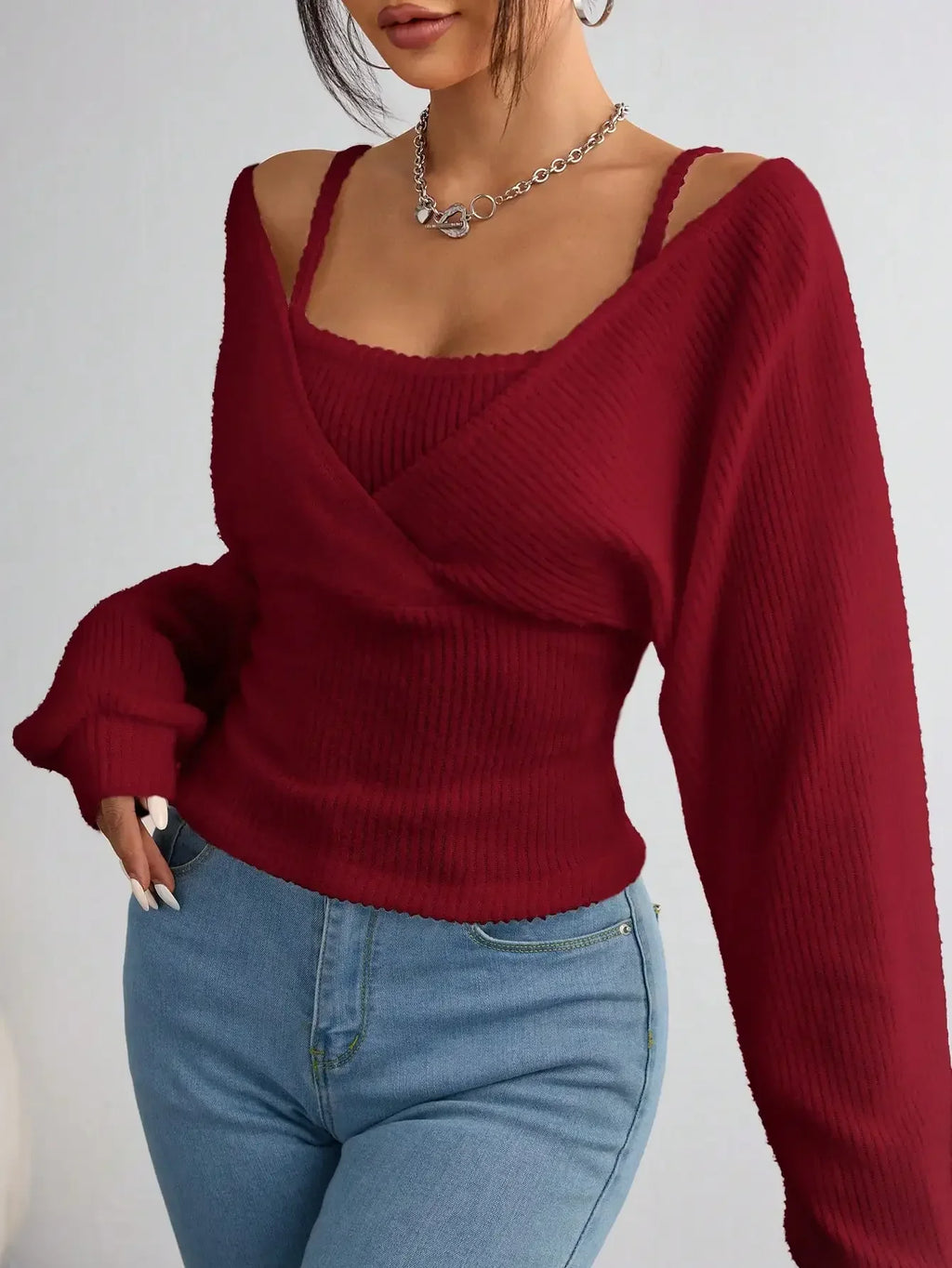 Ribstrikket Off-Shoulder Slå-Om-Top