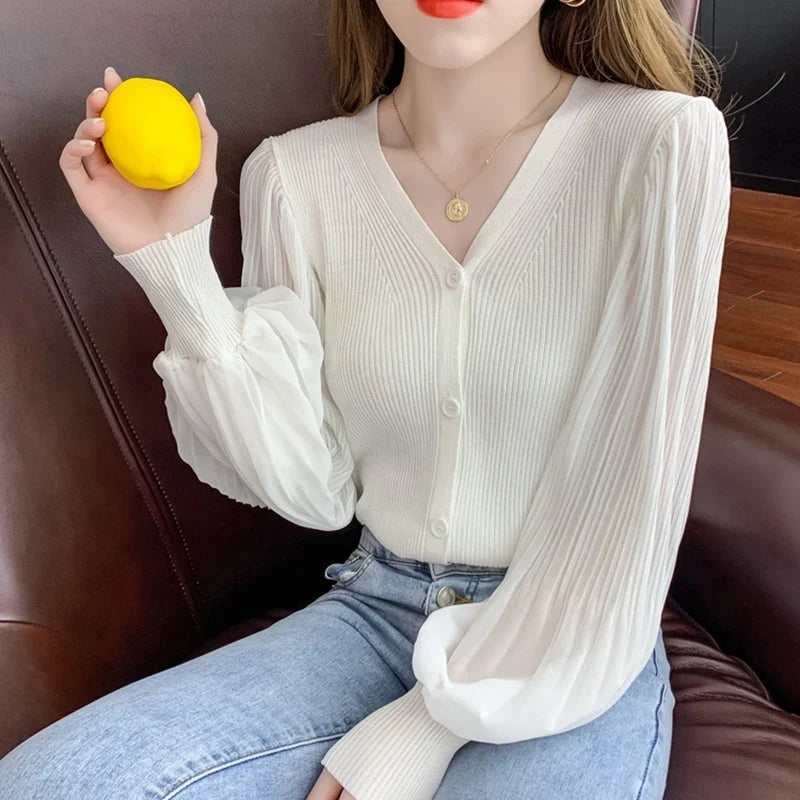 Ribstrikket Cardigan Med Transparente Ærmer