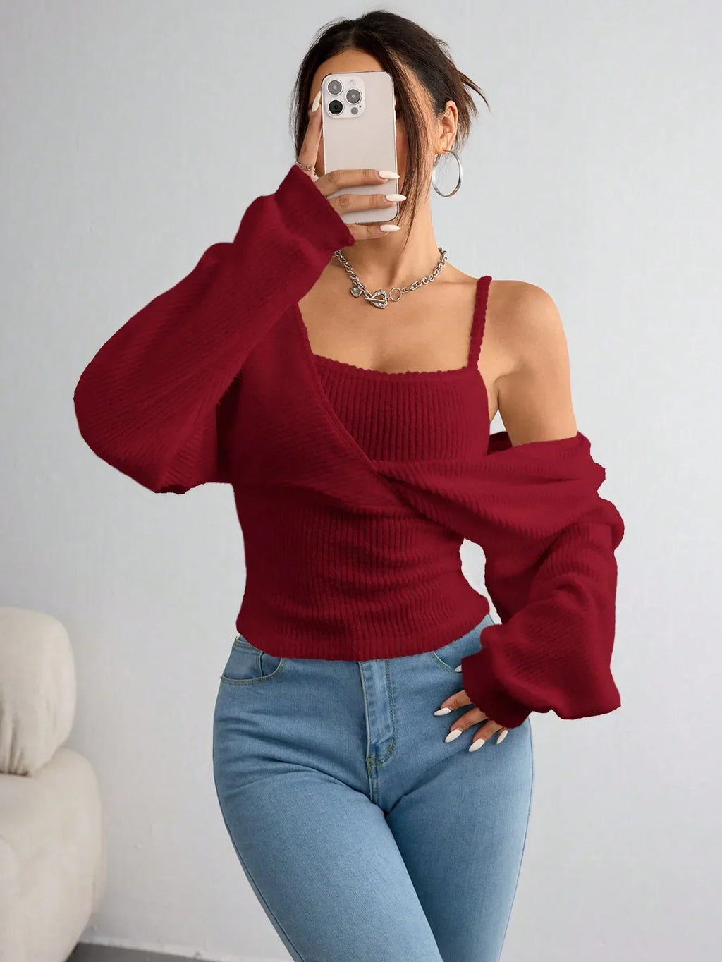 Ribstrikket Off-Shoulder Slå-Om-Top