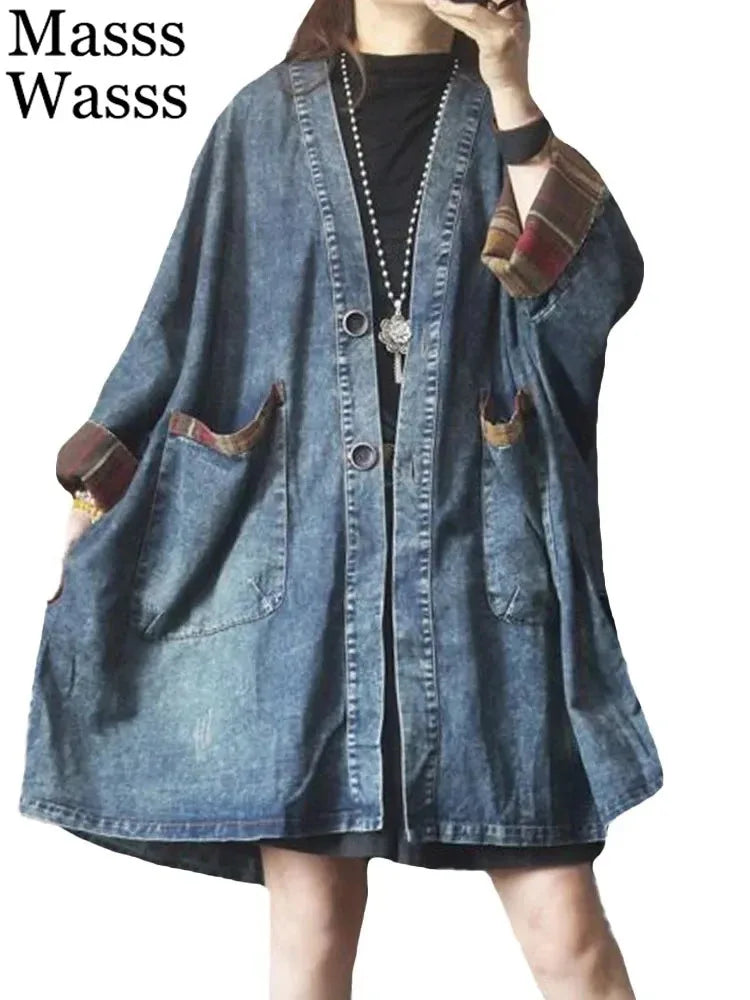 Oversized Denimfrakke Med Ternede Kanter