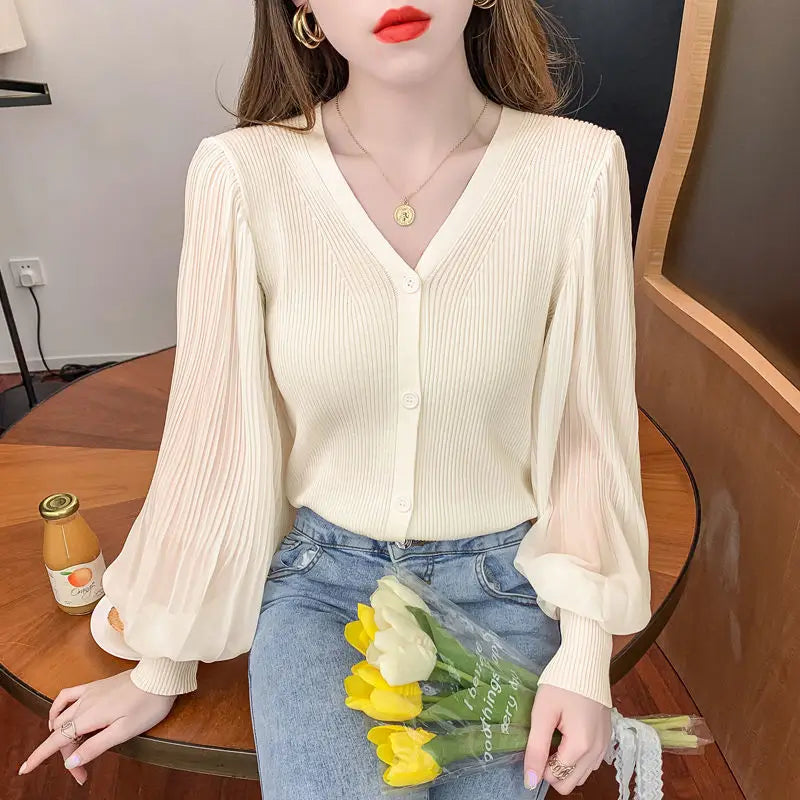 Ribstrikket Cardigan Med Transparente Ærmer