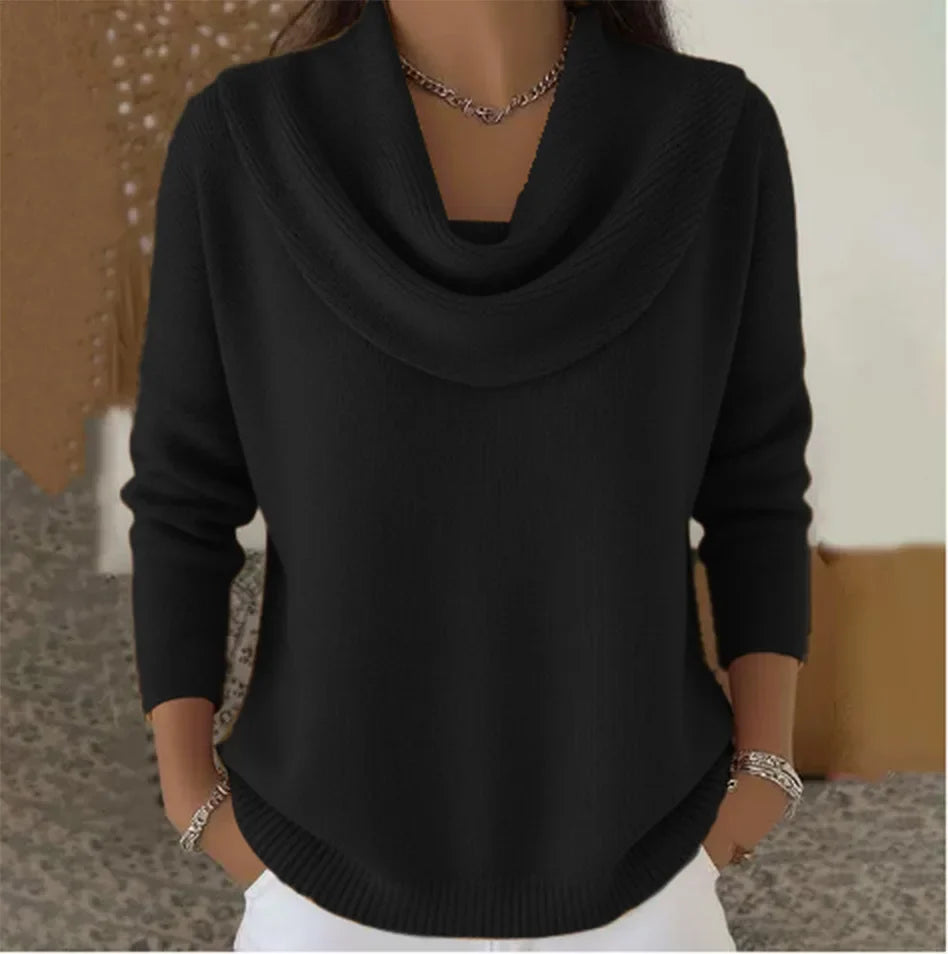 Finstrikket Pullover Med Draperet Krave