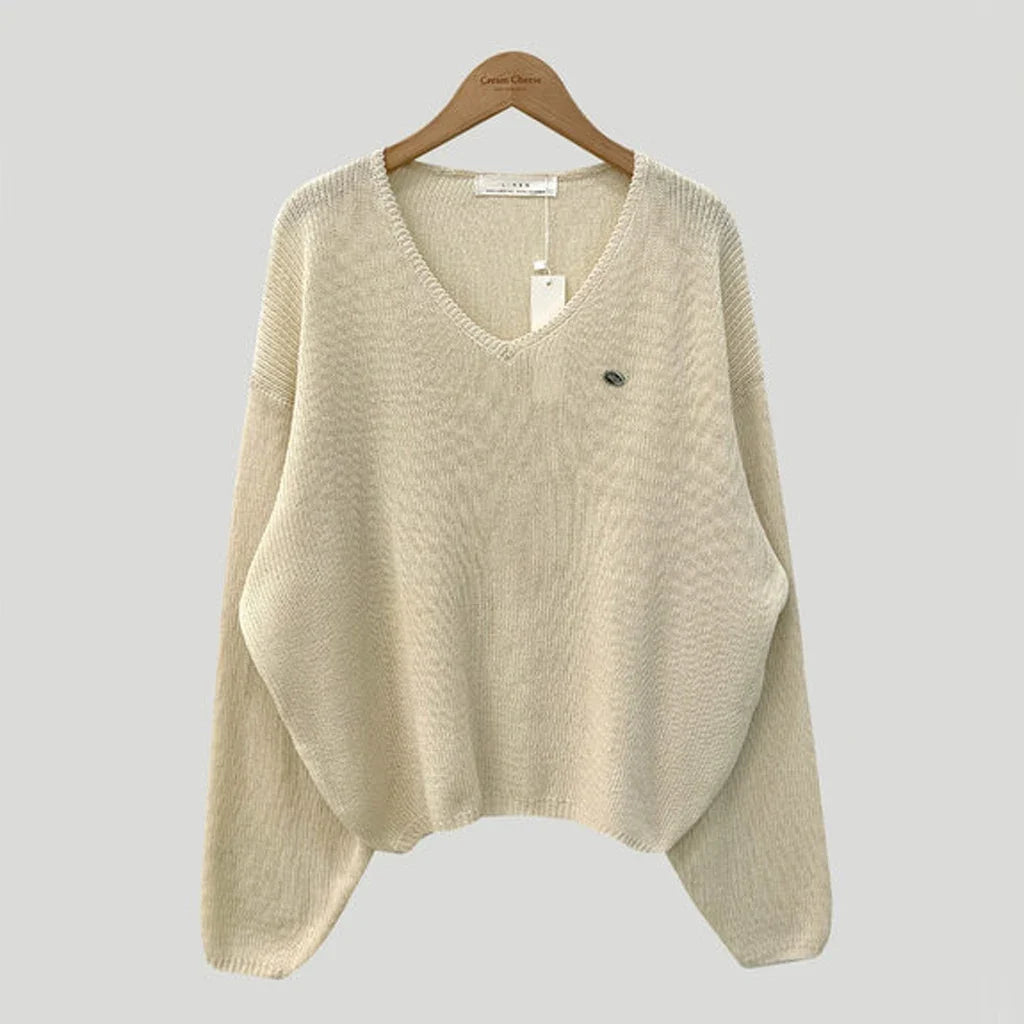 Afslappet Strikbluse Med V-Hals