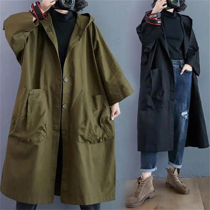 Olivegrøn Trenchcoat Med Store Lommer