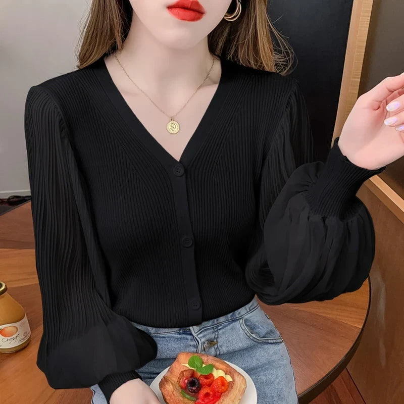 Ribstrikket Cardigan Med Transparente Ærmer