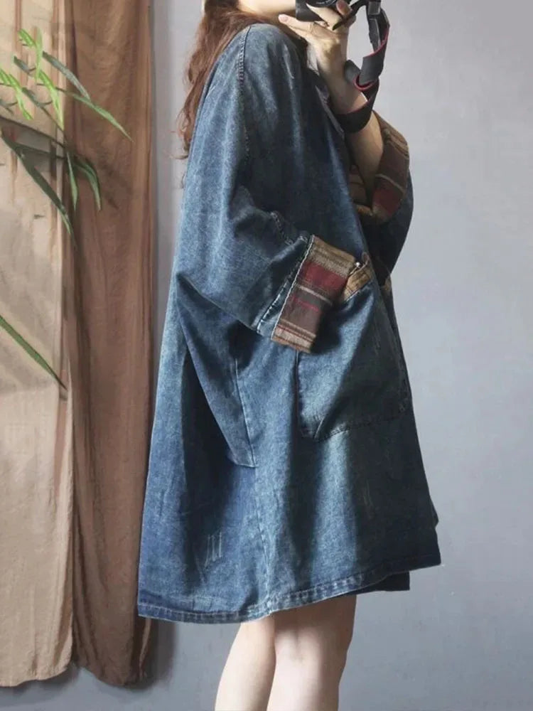 Oversized Denimfrakke Med Ternede Kanter
