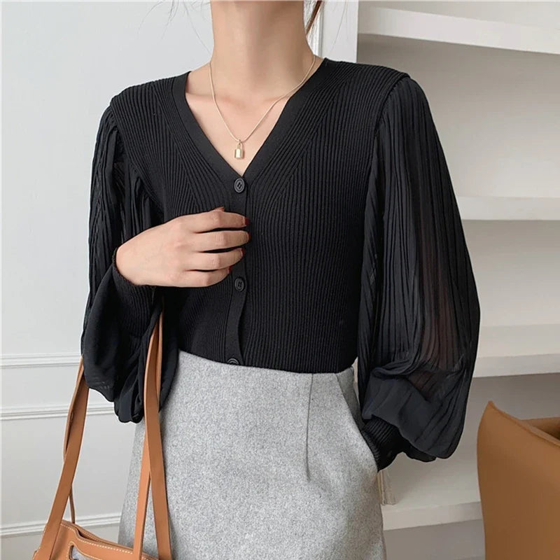 Ribstrikket Cardigan Med Transparente Ærmer