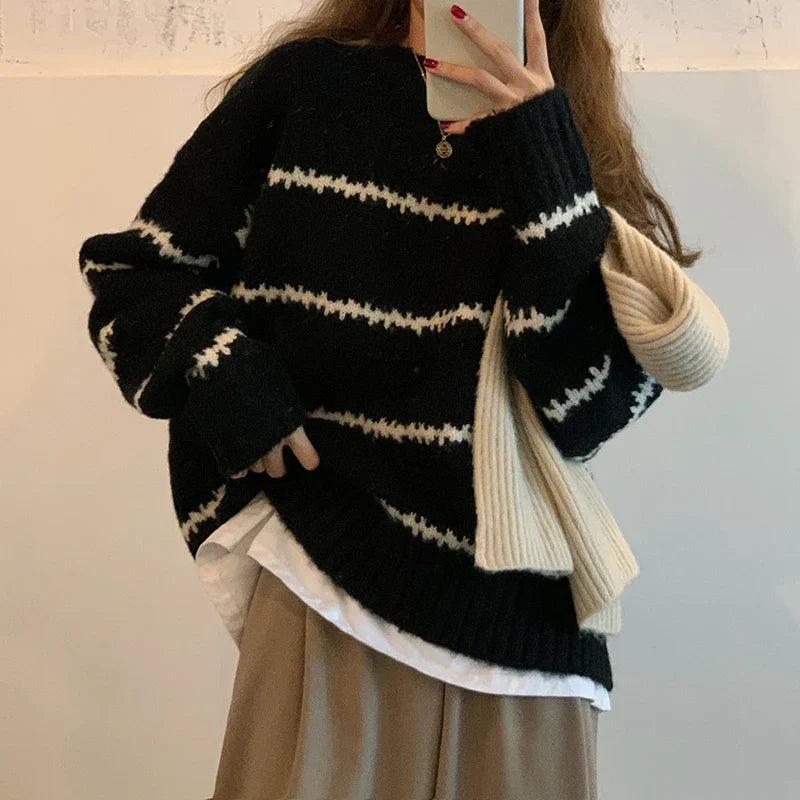 Afslappet Strikket Stribet Sweater