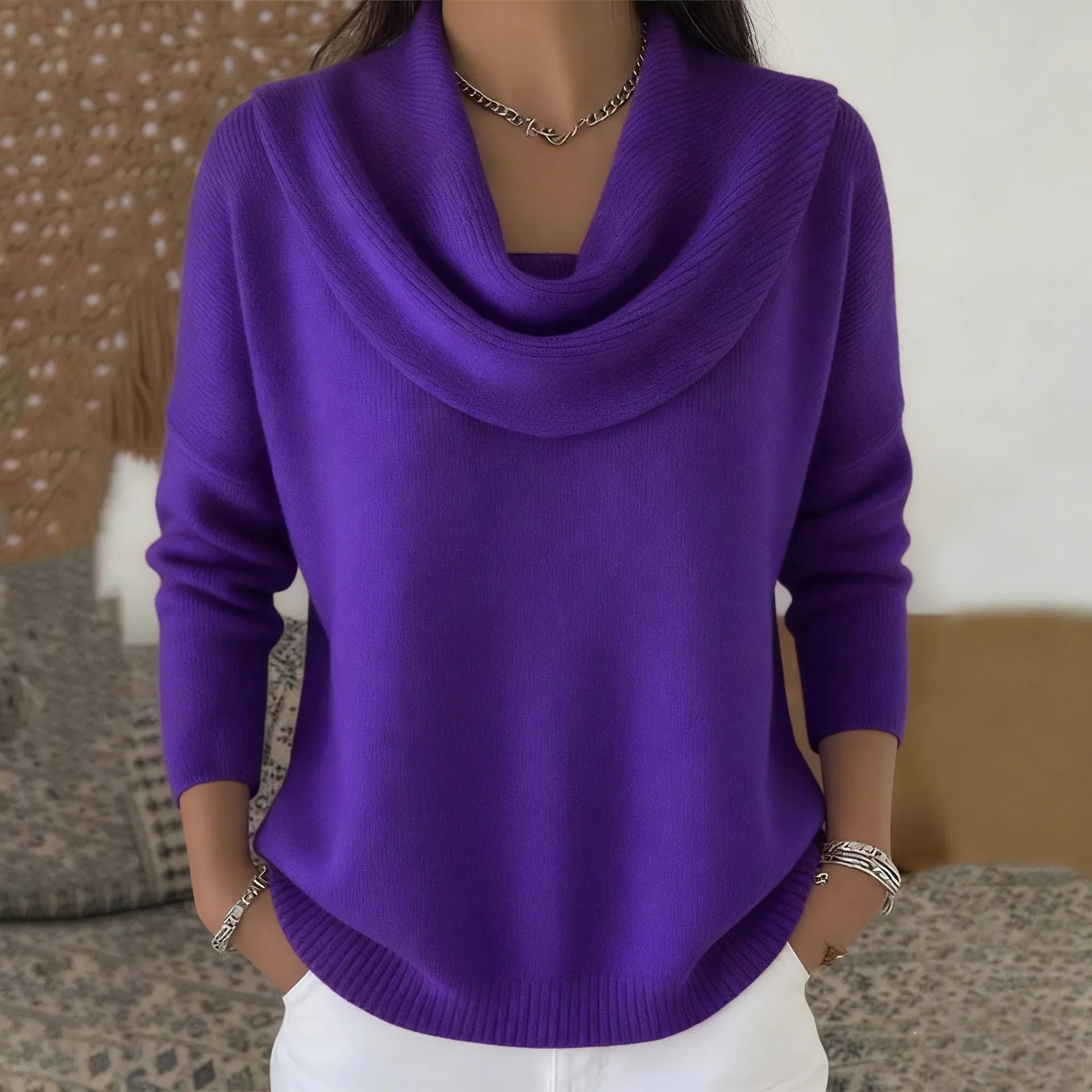 Finstrikket Pullover Med Draperet Krave