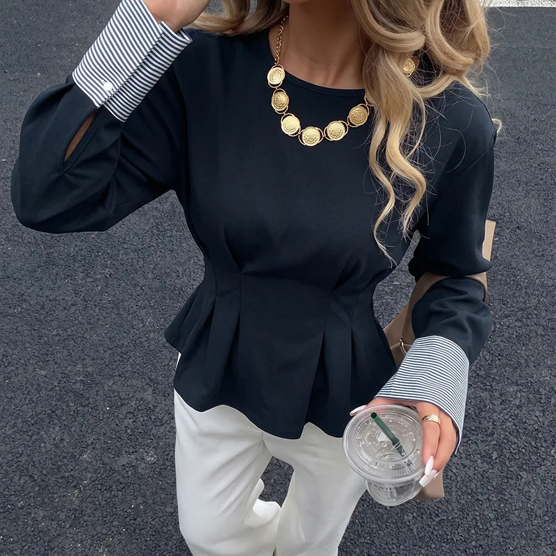 Peplumbluse Med Stribede Manchetter