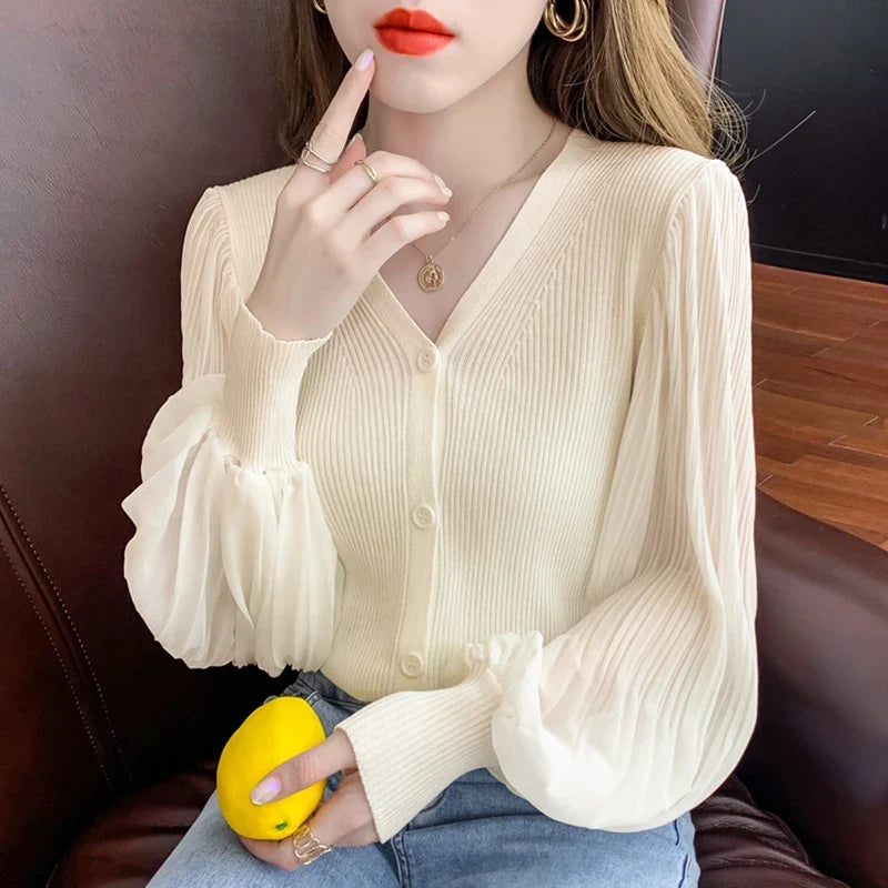 Ribstrikket Cardigan Med Transparente Ærmer