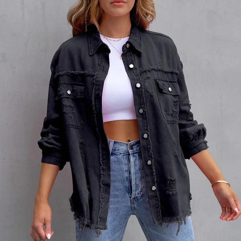 Denimskjortejakke Med Slidte Detaljer