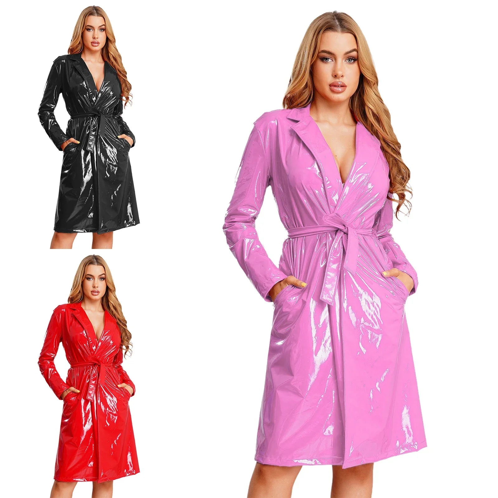 Wet-Look Trenchcoat med Bindebælte