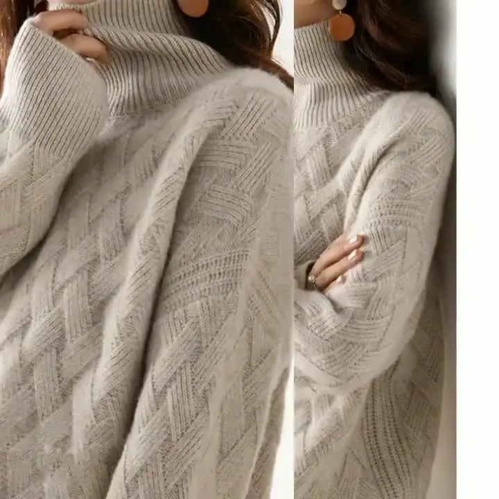 Creme Chevronstrikket Rullekravesweater