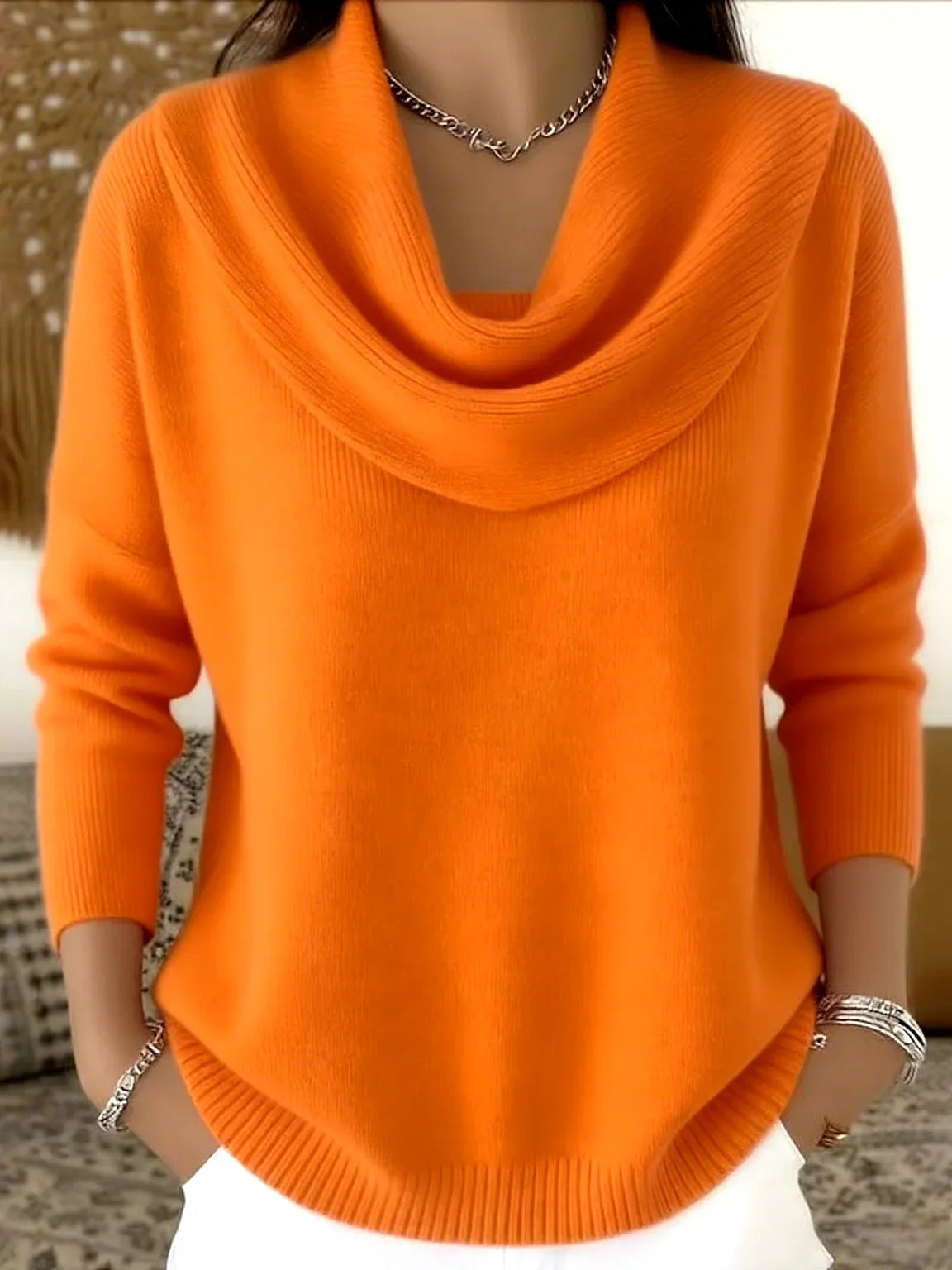 Finstrikket Pullover Med Draperet Krave