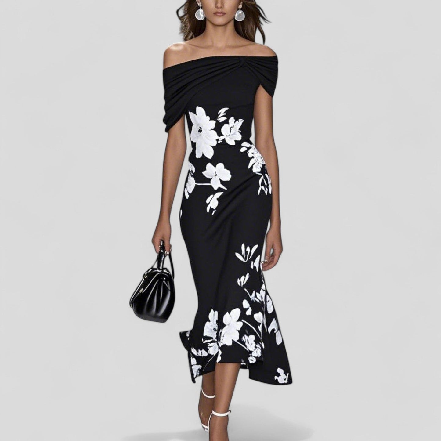 Blommig off-shoulder midiklänning för kvinnor, rynkad Bardot-fodralklänning, sommarklänning för bröllopsgäster