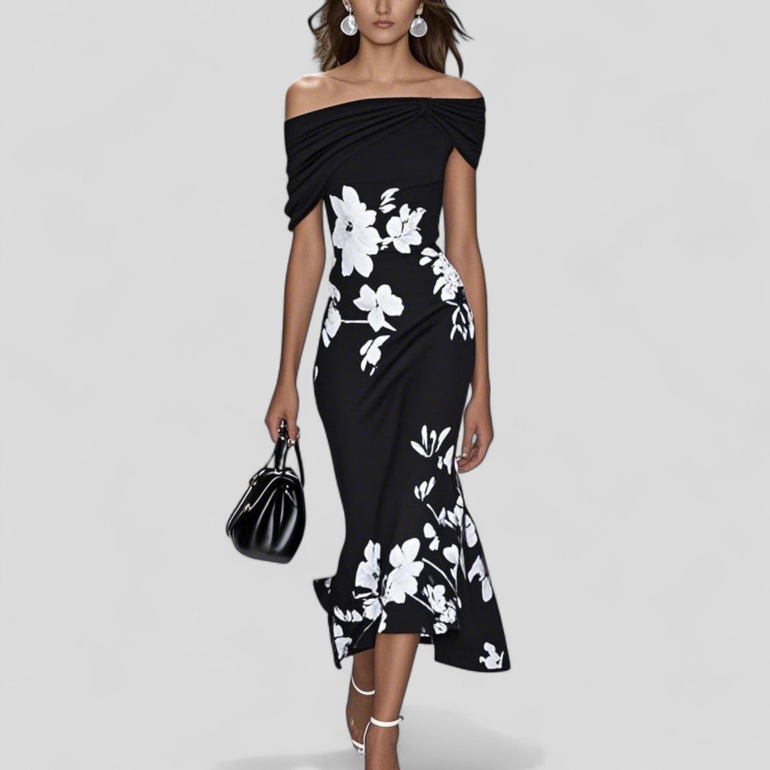 Blommig off-shoulder midiklänning för kvinnor, rynkad Bardot-fodralklänning, sommarklänning för bröllopsgäster